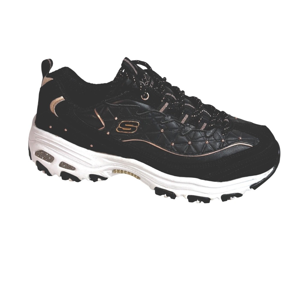 Skechers D'Lites Glamour Feels Black Rose Gold Quilted Sneakers Women 9.5 Chunky